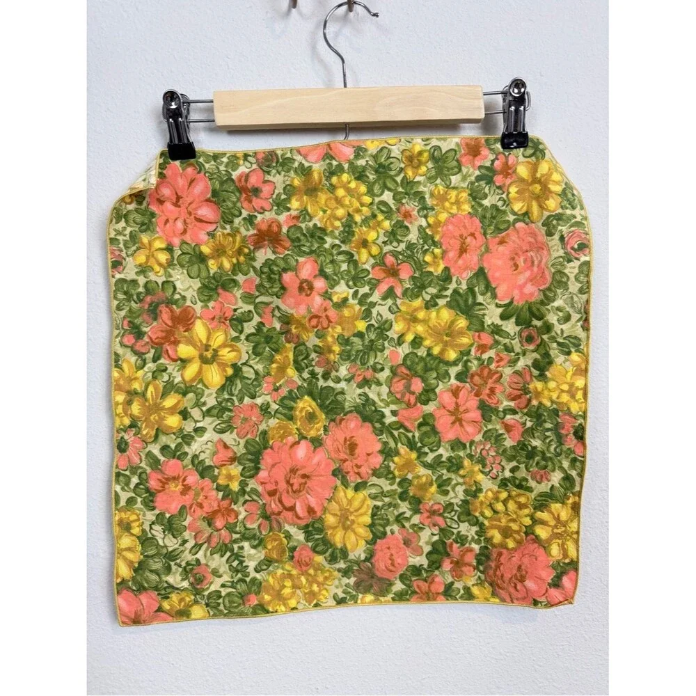 2 Vintage 70s Cloth Napkins Coral, Yellow & Green Floral